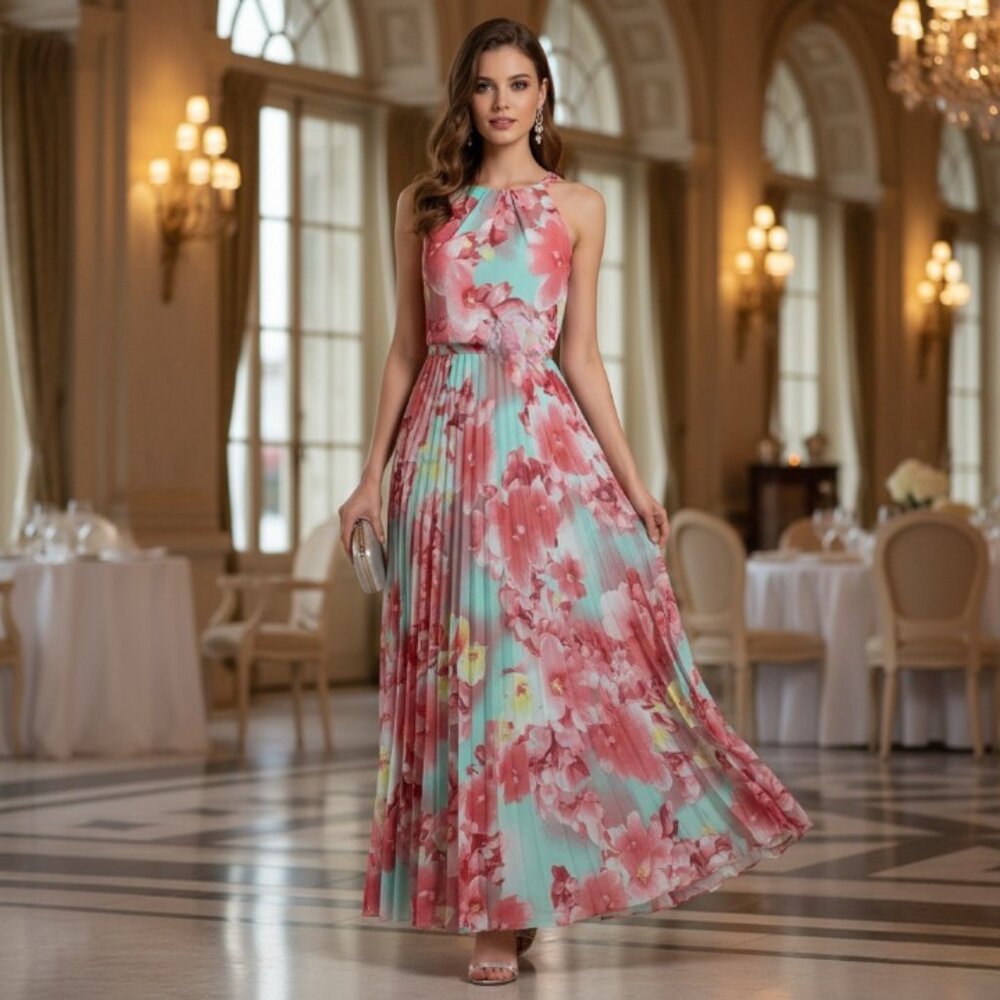 NWOT B. Darlin Floral Blue Sleeveless Pleated Maxi Dress Junior's Women's 3/4